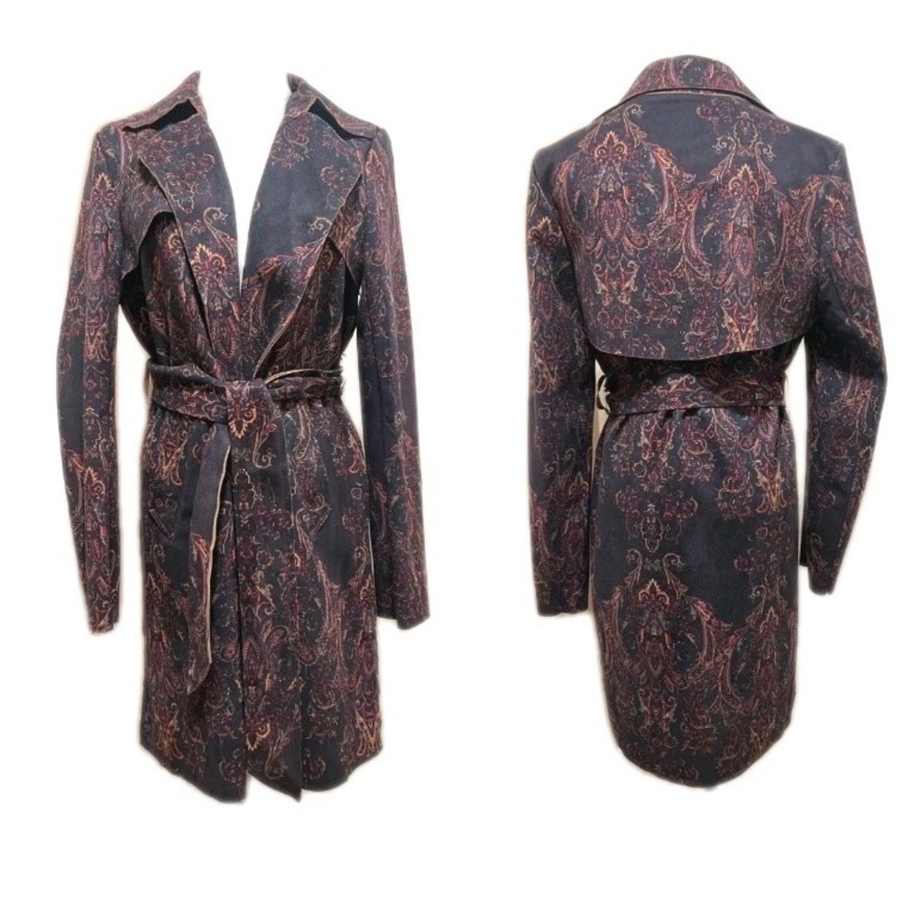 Anthropologie Solitaire Womens Jacket Size Large Paisley Trench Boho Faux Suede